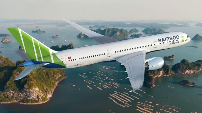 Bamboo Airways B787 flying over Ha Long Bay Vietnam